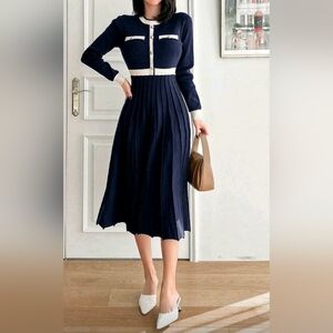 New Chic Contrast Trim Pleated Midi Skirt Dress Long Sleeve Navy Blue